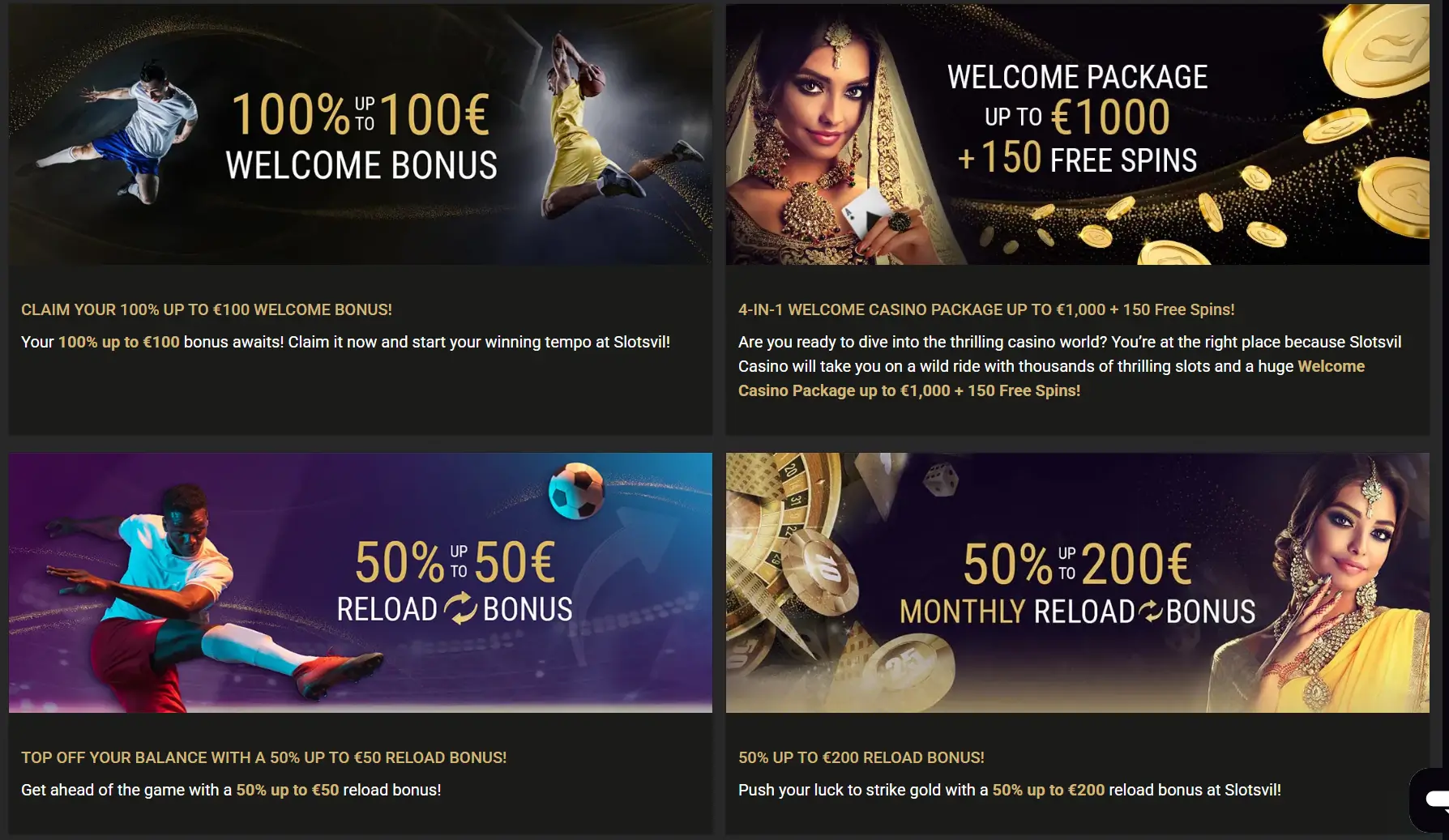 SlotsVil velkomst- og reload-bonusser, inklusive op til 7500 kr. plus 150 gratis spins og sports kampagner
